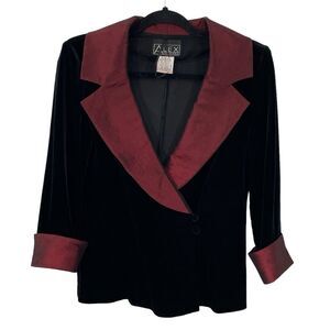 ALEX EVENINGS Wrap Top Blouse Black Velvet with Contrasting Burgundy Trim Size S